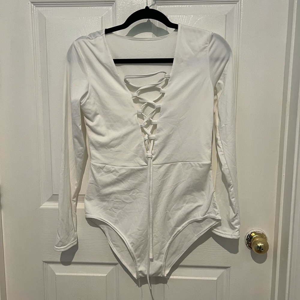 White Lace-Up Long Sleeve Bodysuit